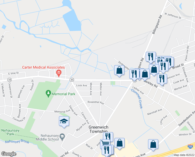 map of restaurants, bars, coffee shops, grocery stores, and more near 527 East Broad Street in Gibbstown