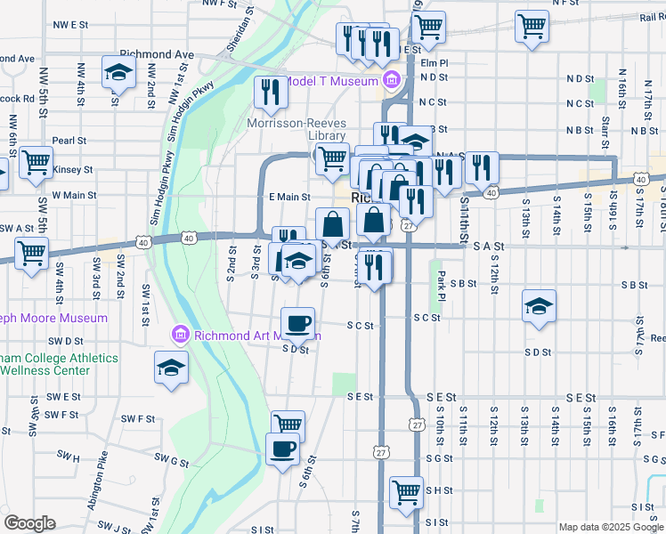 map of restaurants, bars, coffee shops, grocery stores, and more near 123 South 6th Street in Richmond