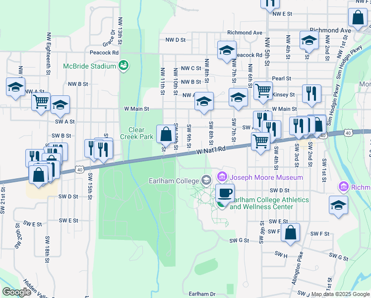 map of restaurants, bars, coffee shops, grocery stores, and more near 900 National Road West in Richmond