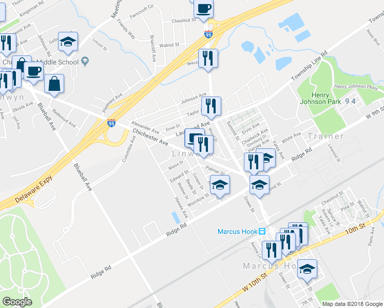 map of restaurants, bars, coffee shops, grocery stores, and more near 1601 Chichester Avenue in Linwood