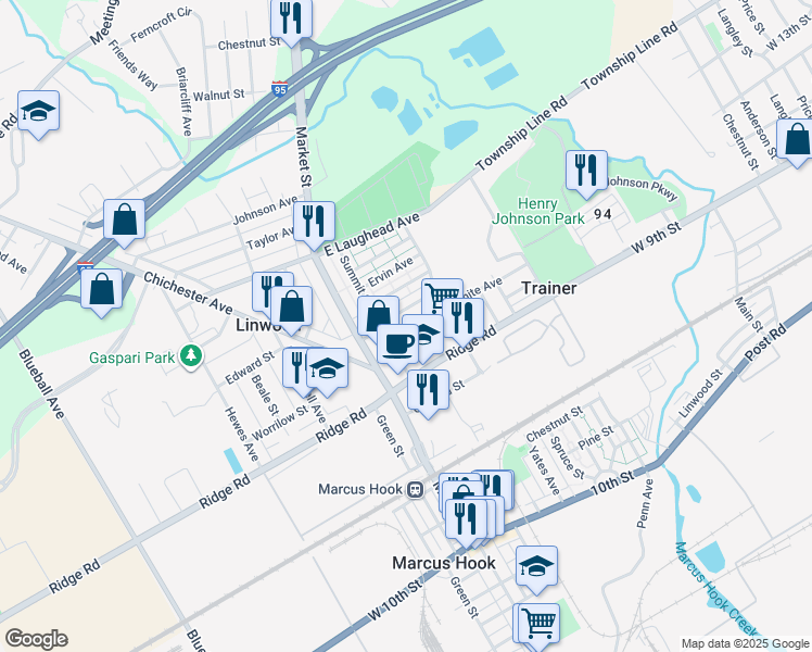 map of restaurants, bars, coffee shops, grocery stores, and more near 122 White Avenue in Linwood