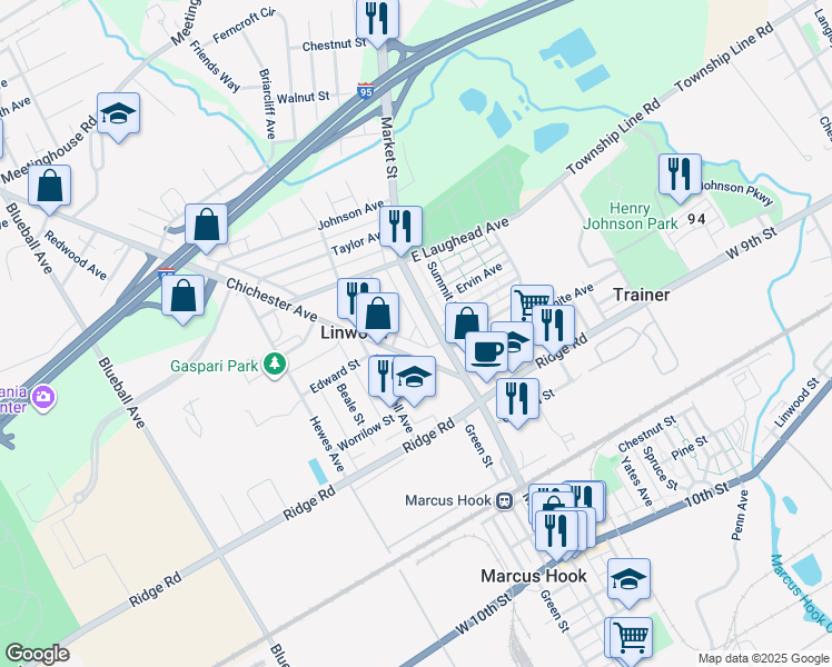 map of restaurants, bars, coffee shops, grocery stores, and more near 16 Richardson Avenue in Marcus Hook