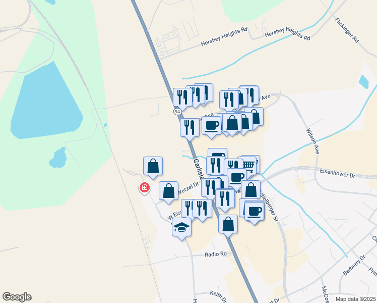 map of restaurants, bars, coffee shops, grocery stores, and more near 1312 Carlisle Street in Hanover