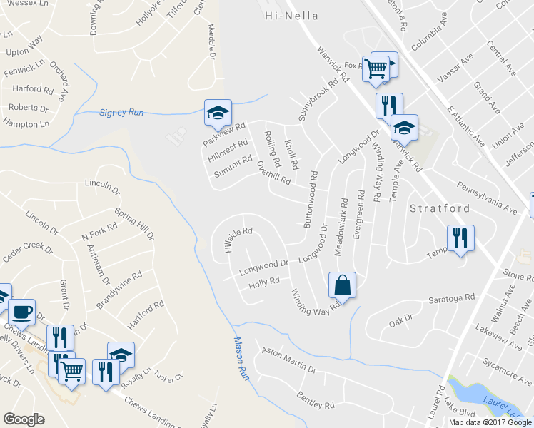 map of restaurants, bars, coffee shops, grocery stores, and more near 220 Winding Way Road in Stratford