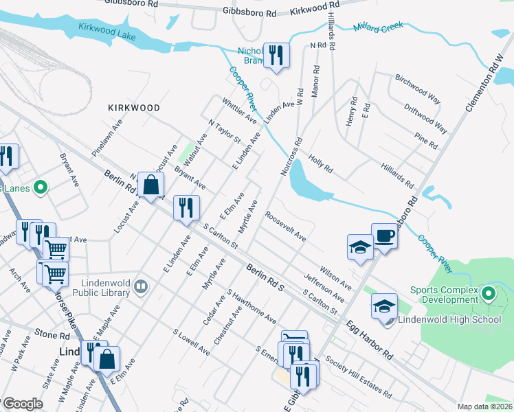 map of restaurants, bars, coffee shops, grocery stores, and more near 811 Myrtle Avenue in Lindenwold
