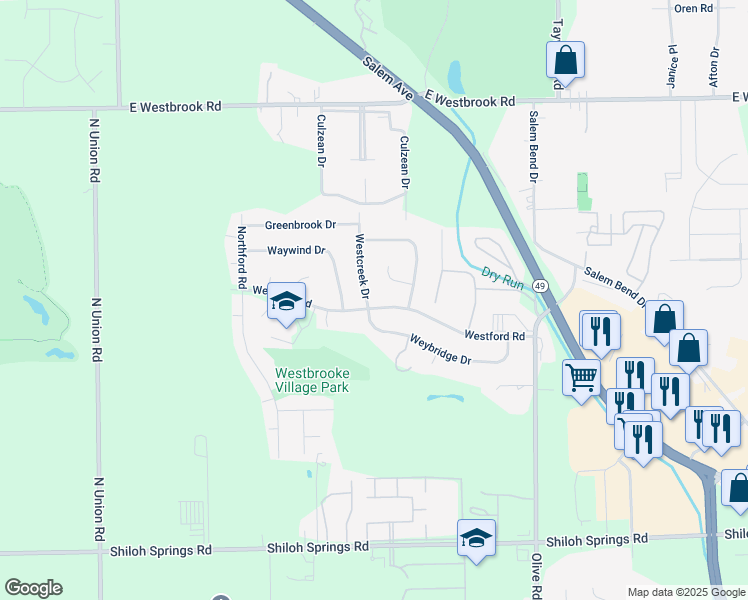 map of restaurants, bars, coffee shops, grocery stores, and more near 5600 Westcreek Drive in Dayton