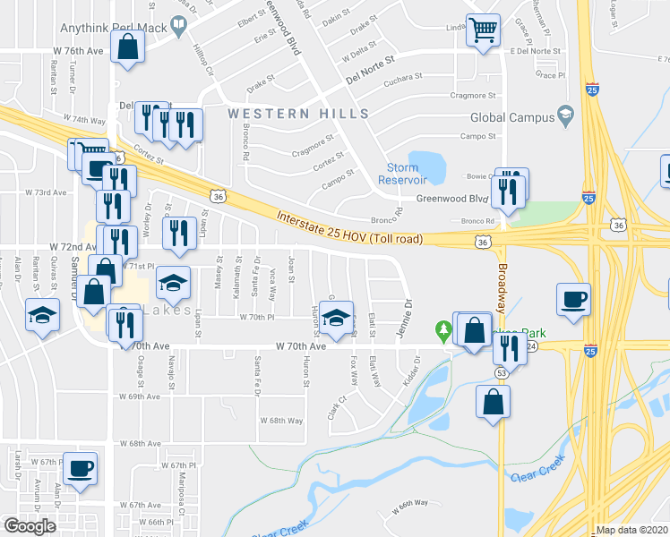 map of restaurants, bars, coffee shops, grocery stores, and more near 7150 Galapago Street in Denver