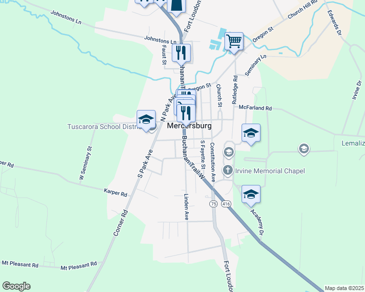 map of restaurants, bars, coffee shops, grocery stores, and more near 112 South Main Street in Mercersburg