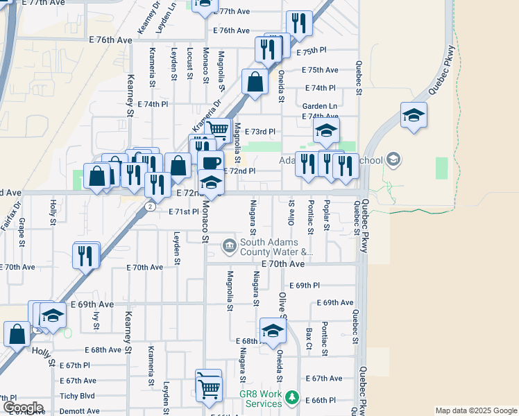 map of restaurants, bars, coffee shops, grocery stores, and more near 6690 East 72nd Avenue in Commerce City
