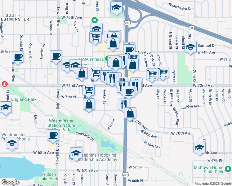 map of restaurants, bars, coffee shops, grocery stores, and more near 3065 Craft Way in Westminster