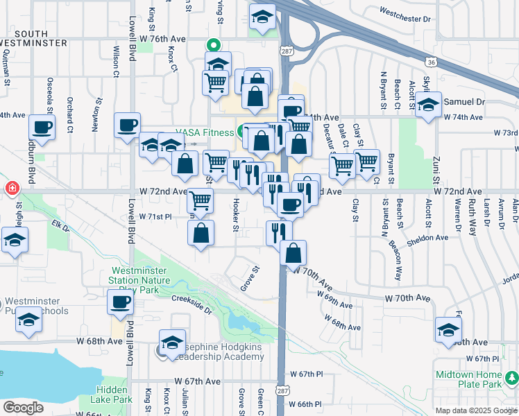 map of restaurants, bars, coffee shops, grocery stores, and more near 3065 Craft Way in Westminster