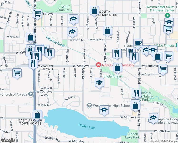 map of restaurants, bars, coffee shops, grocery stores, and more near 7179 Stuart Street in Westminster