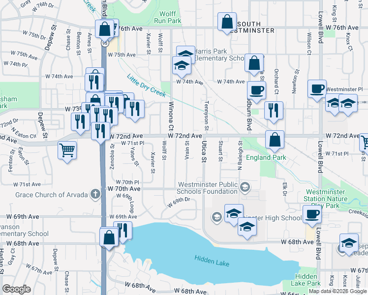 map of restaurants, bars, coffee shops, grocery stores, and more near 7165 Vrain Street in Westminster