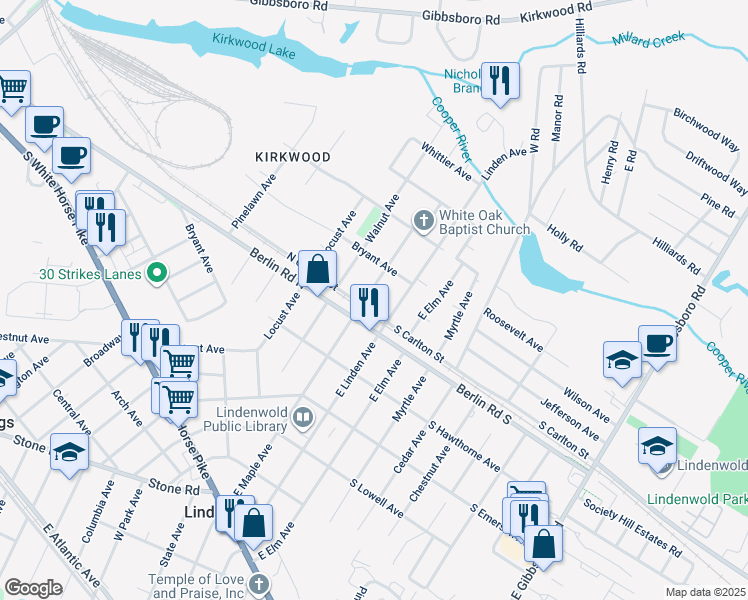 map of restaurants, bars, coffee shops, grocery stores, and more near 709 East Maple Avenue in Lindenwold