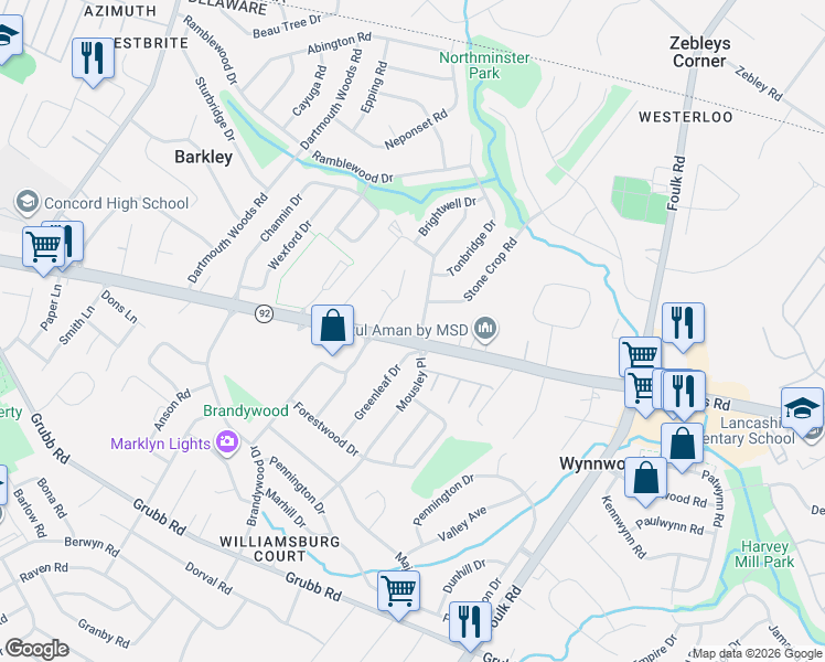 map of restaurants, bars, coffee shops, grocery stores, and more near in New Castle County