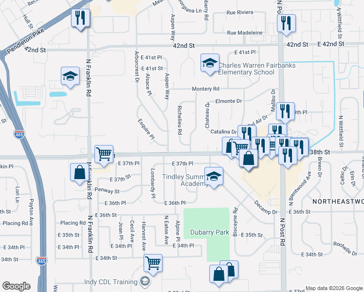map of restaurants, bars, coffee shops, grocery stores, and more near 3830 Richelieu Road in Indianapolis