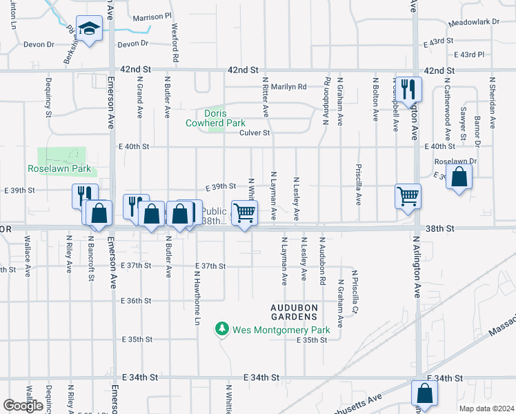 map of restaurants, bars, coffee shops, grocery stores, and more near 3825 North Whittier Place in Indianapolis