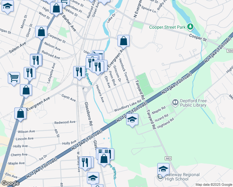 map of restaurants, bars, coffee shops, grocery stores, and more near 515 Penn Boulevard in Woodbury