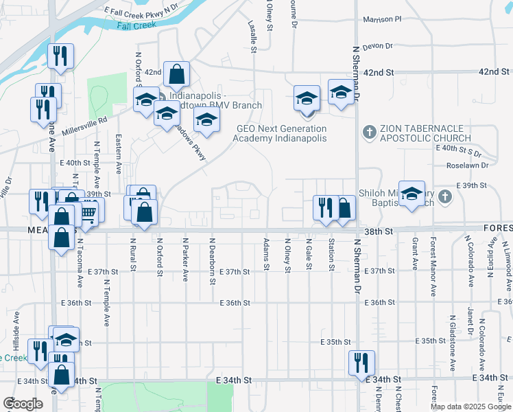 map of restaurants, bars, coffee shops, grocery stores, and more near 3817 Cooper Square Court in Indianapolis