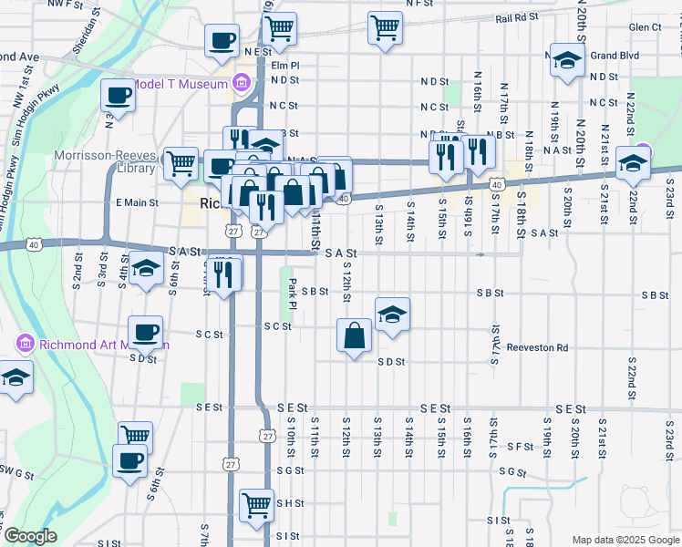 map of restaurants, bars, coffee shops, grocery stores, and more near 120 South 12th Street in Richmond
