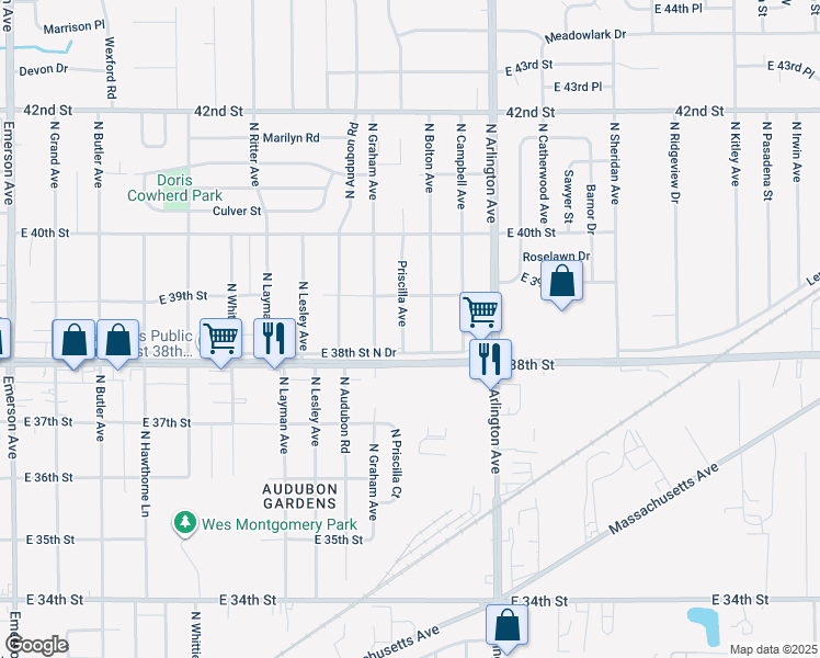 map of restaurants, bars, coffee shops, grocery stores, and more near 3823 Priscilla Avenue in Indianapolis