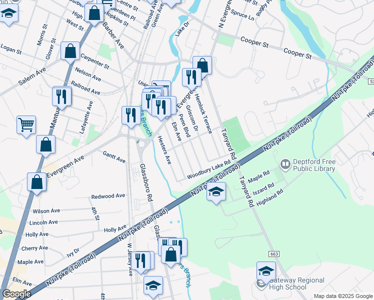 map of restaurants, bars, coffee shops, grocery stores, and more near 510 Elm Avenue in Woodbury