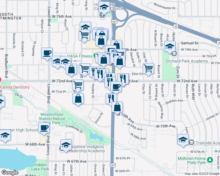 map of restaurants, bars, coffee shops, grocery stores, and more near 7195 Federal Boulevard in Westminster