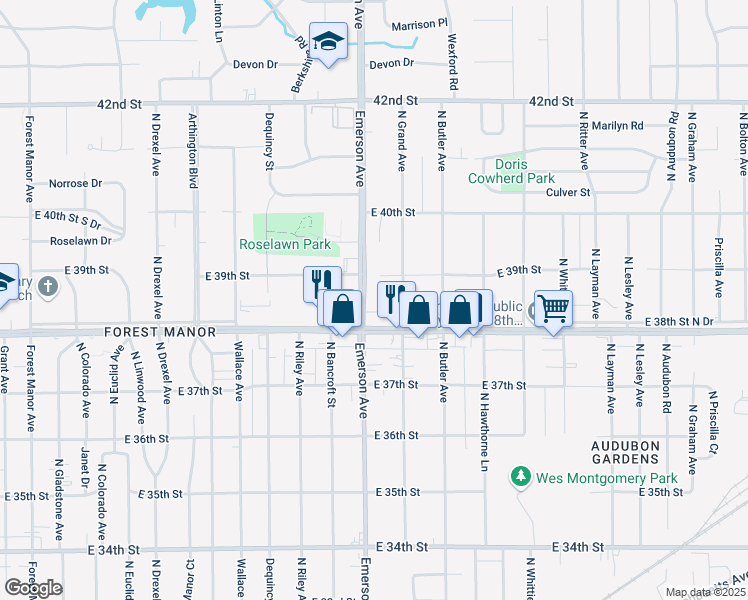 map of restaurants, bars, coffee shops, grocery stores, and more near 3817 North Emerson Avenue in Indianapolis