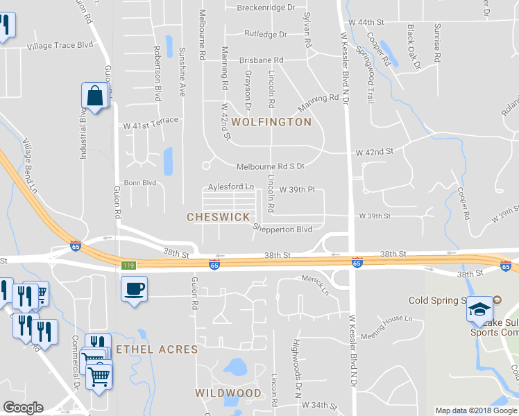 map of restaurants, bars, coffee shops, grocery stores, and more near 3923 Teddington Way in Indianapolis