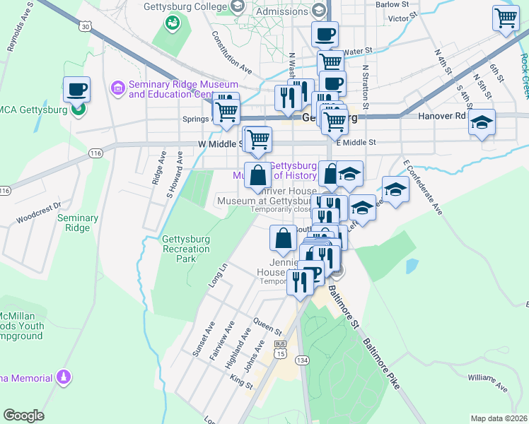 map of restaurants, bars, coffee shops, grocery stores, and more near 154 Breckenridge Street in Gettysburg