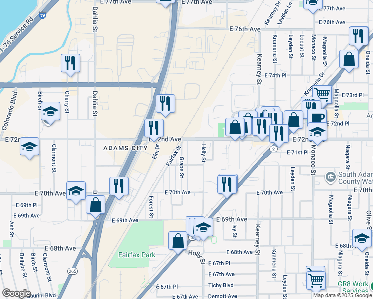 map of restaurants, bars, coffee shops, grocery stores, and more near 7160 Grape Street in Commerce City