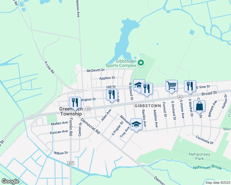 map of restaurants, bars, coffee shops, grocery stores, and more near 45 Oak Street in Greenwich Township