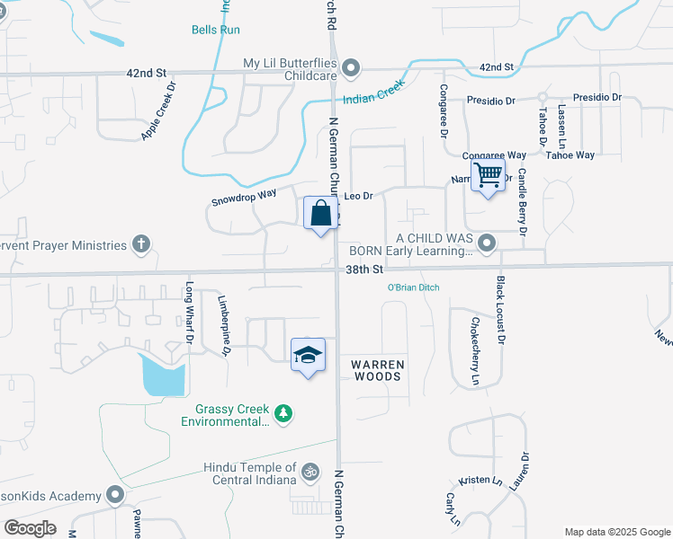 map of restaurants, bars, coffee shops, grocery stores, and more near East 38th Street & North German Church Road in Indianapolis