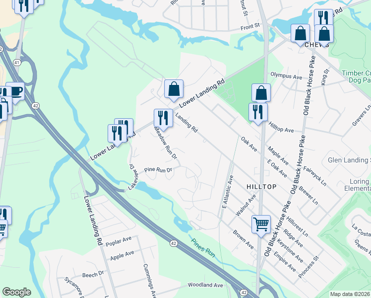 map of restaurants, bars, coffee shops, grocery stores, and more near 11 Linden Court in Camden County