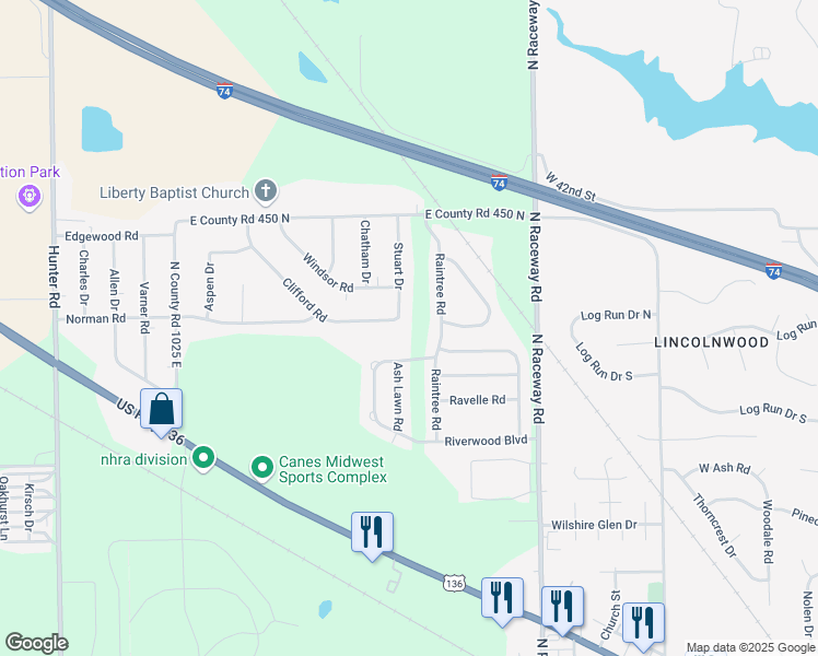 map of restaurants, bars, coffee shops, grocery stores, and more near 4275 Stuart Drive in Brownsburg