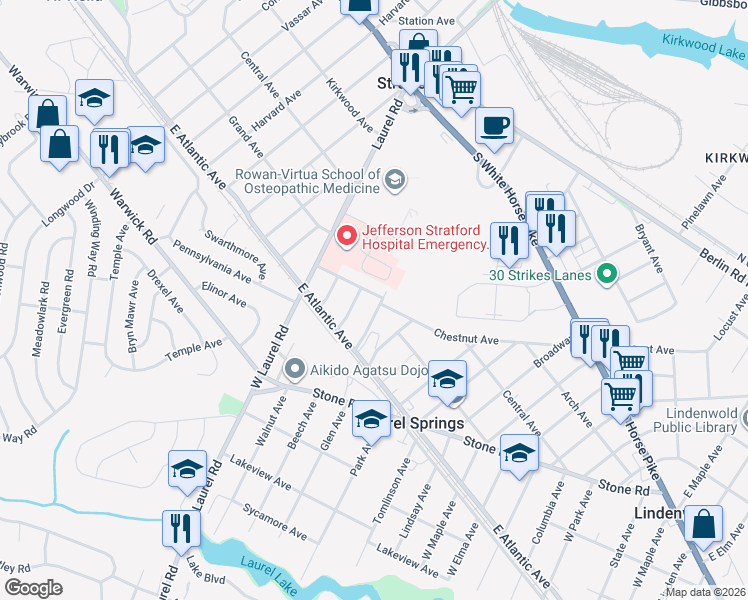map of restaurants, bars, coffee shops, grocery stores, and more near 12 Hazel Avenue in Stratford