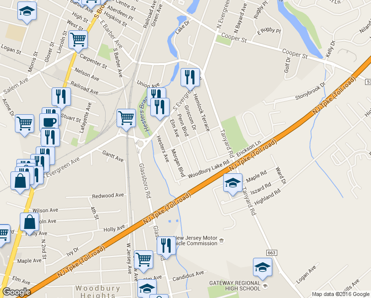 map of restaurants, bars, coffee shops, grocery stores, and more near 510 Elm Avenue in Woodbury