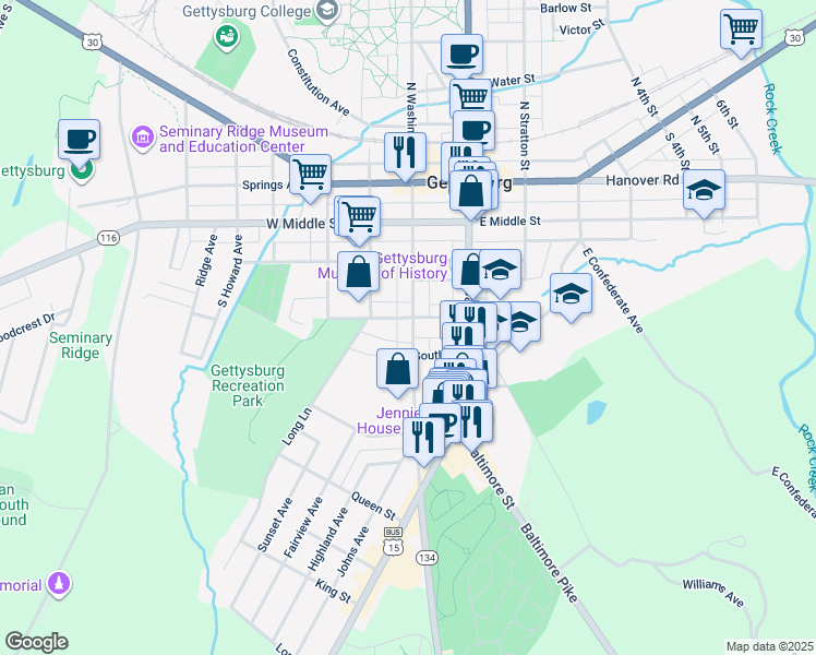 map of restaurants, bars, coffee shops, grocery stores, and more near 311 South Washington Street in Gettysburg