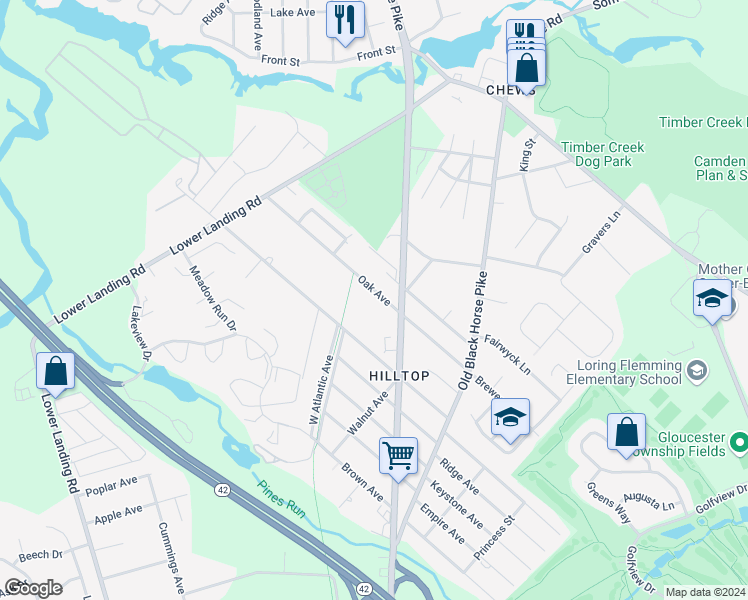 map of restaurants, bars, coffee shops, grocery stores, and more near 84 Oak Avenue in Camden County