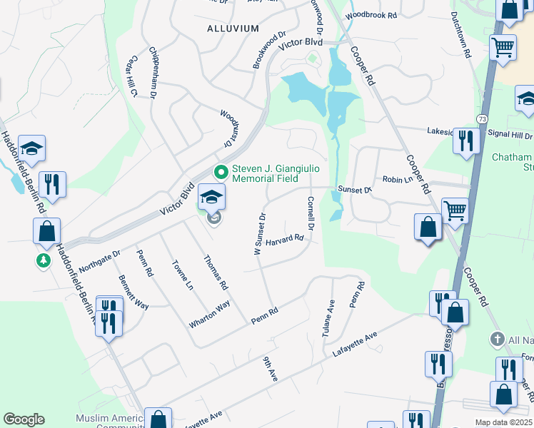map of restaurants, bars, coffee shops, grocery stores, and more near 47 West Sunset Drive in Voorhees Township