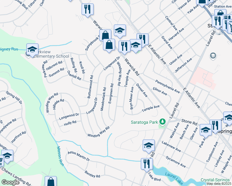 map of restaurants, bars, coffee shops, grocery stores, and more near 34 Winding Way Road in Stratford