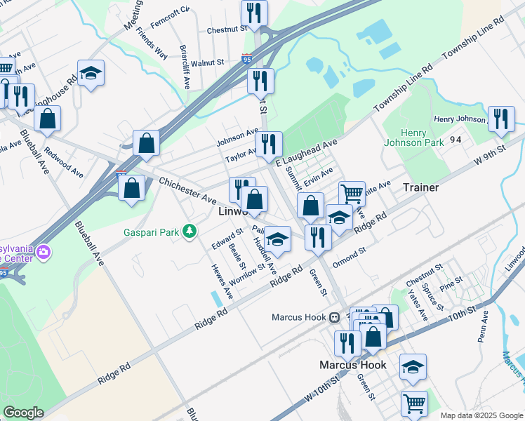map of restaurants, bars, coffee shops, grocery stores, and more near 1616 Ward Street in Linwood