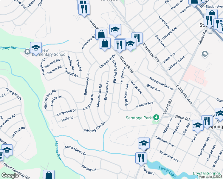 map of restaurants, bars, coffee shops, grocery stores, and more near 34 Winding Way Road in Stratford