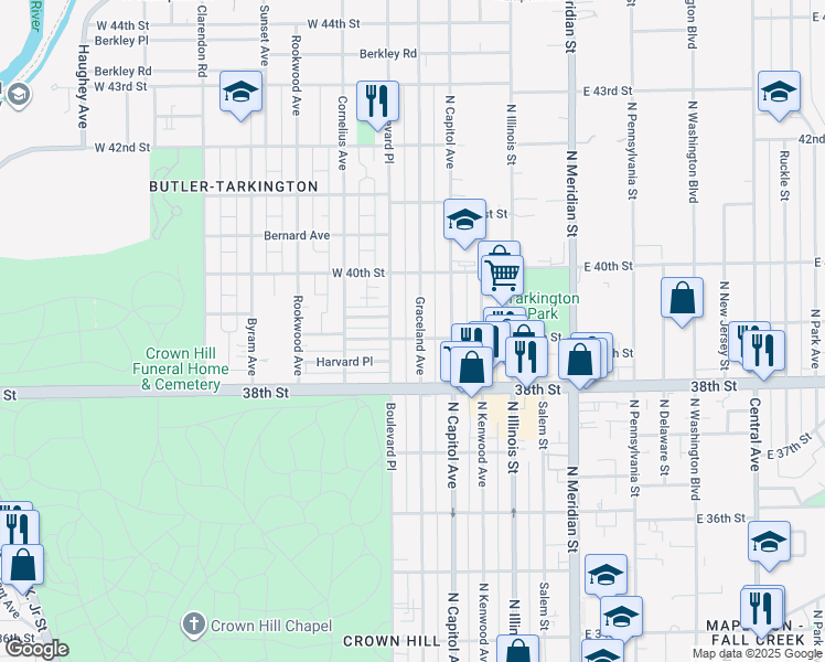 map of restaurants, bars, coffee shops, grocery stores, and more near 3906 Graceland Avenue in Indianapolis