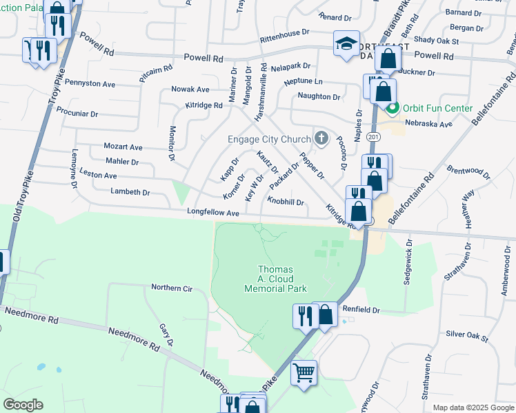 map of restaurants, bars, coffee shops, grocery stores, and more near 5021 Packard Drive in Dayton