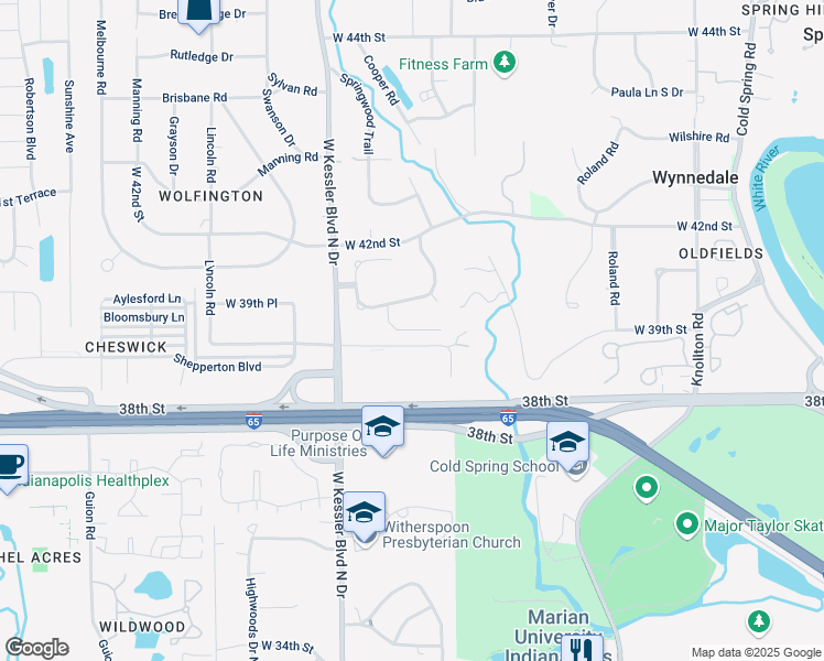 map of restaurants, bars, coffee shops, grocery stores, and more near 2848 Sunnyfield Court in Indianapolis