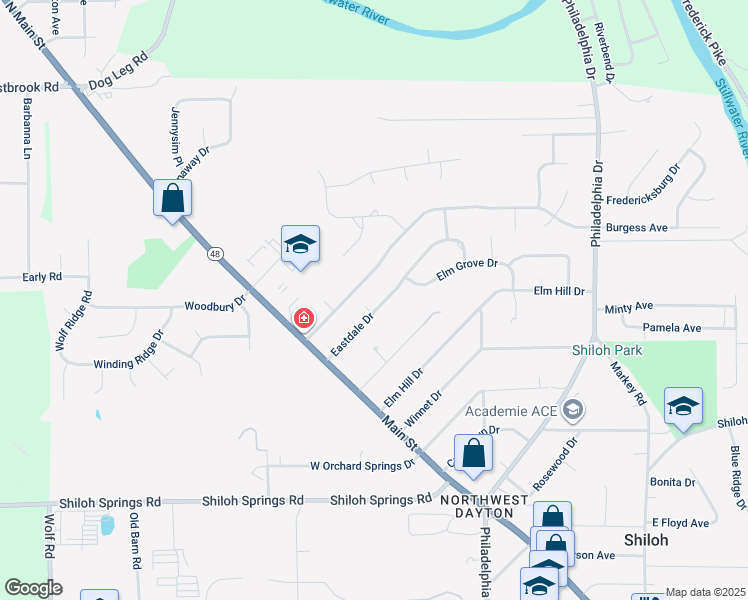 map of restaurants, bars, coffee shops, grocery stores, and more near 115 Eastdale Drive in Dayton
