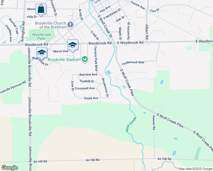 map of restaurants, bars, coffee shops, grocery stores, and more near 145 Brookmoor Drive in Brookville