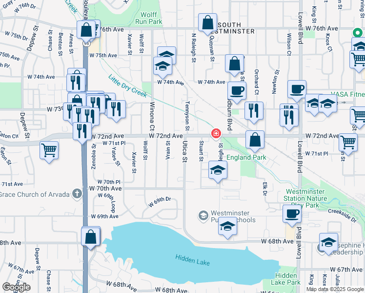 map of restaurants, bars, coffee shops, grocery stores, and more near 7141 Utica Street in Westminster