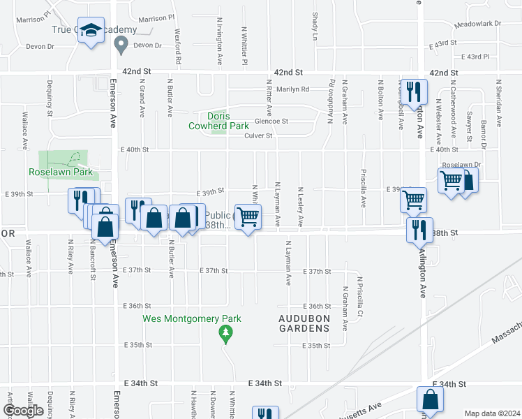 map of restaurants, bars, coffee shops, grocery stores, and more near 3825 North Whittier Place in Indianapolis
